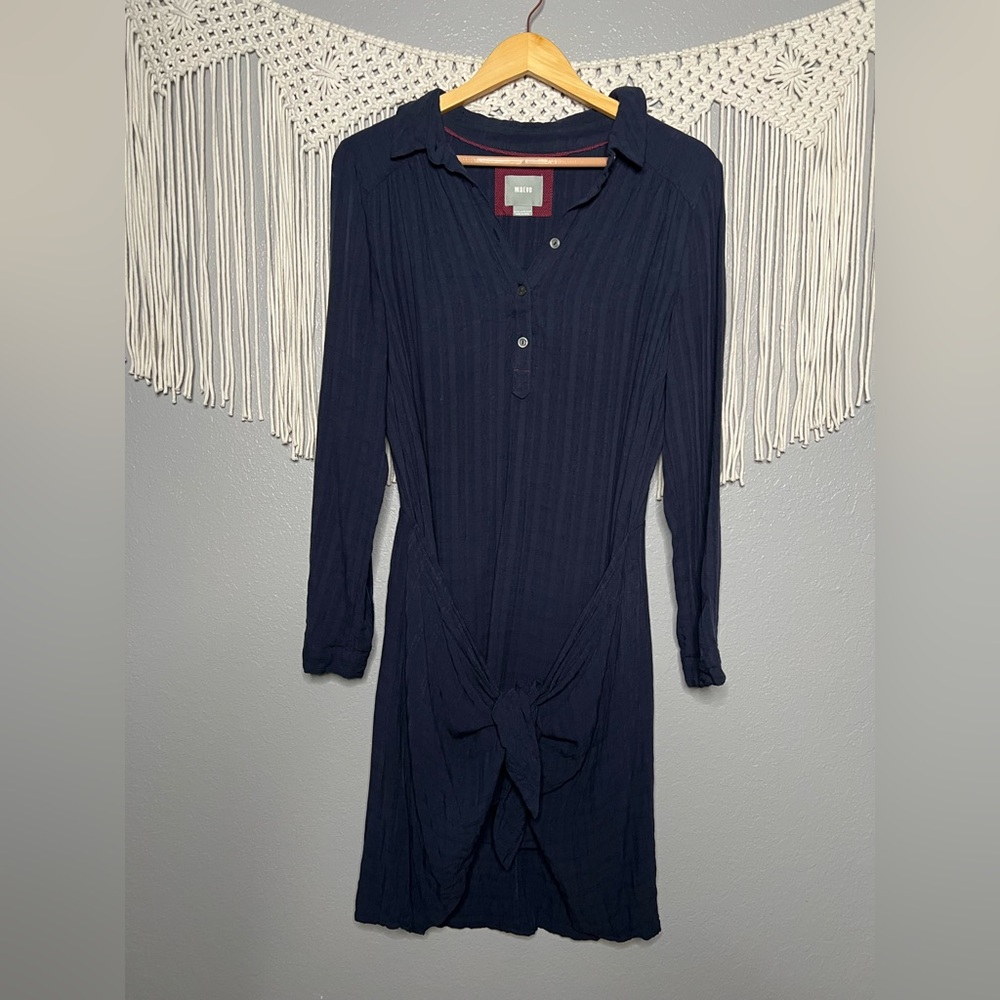 Anthropologie Navy Long-Sleeve Tie-Front Dress
